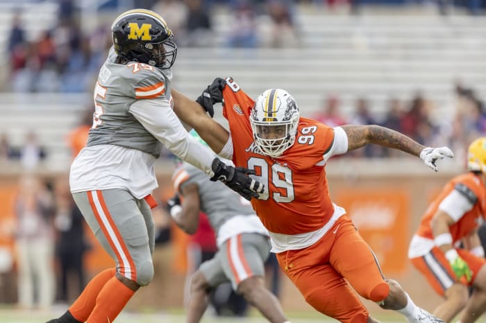 Western Michigan defensive lineman Marshawn Kneeland is a big-bodied presence off the edge. Will he stay there if he joins the Las Vegas Raiders?